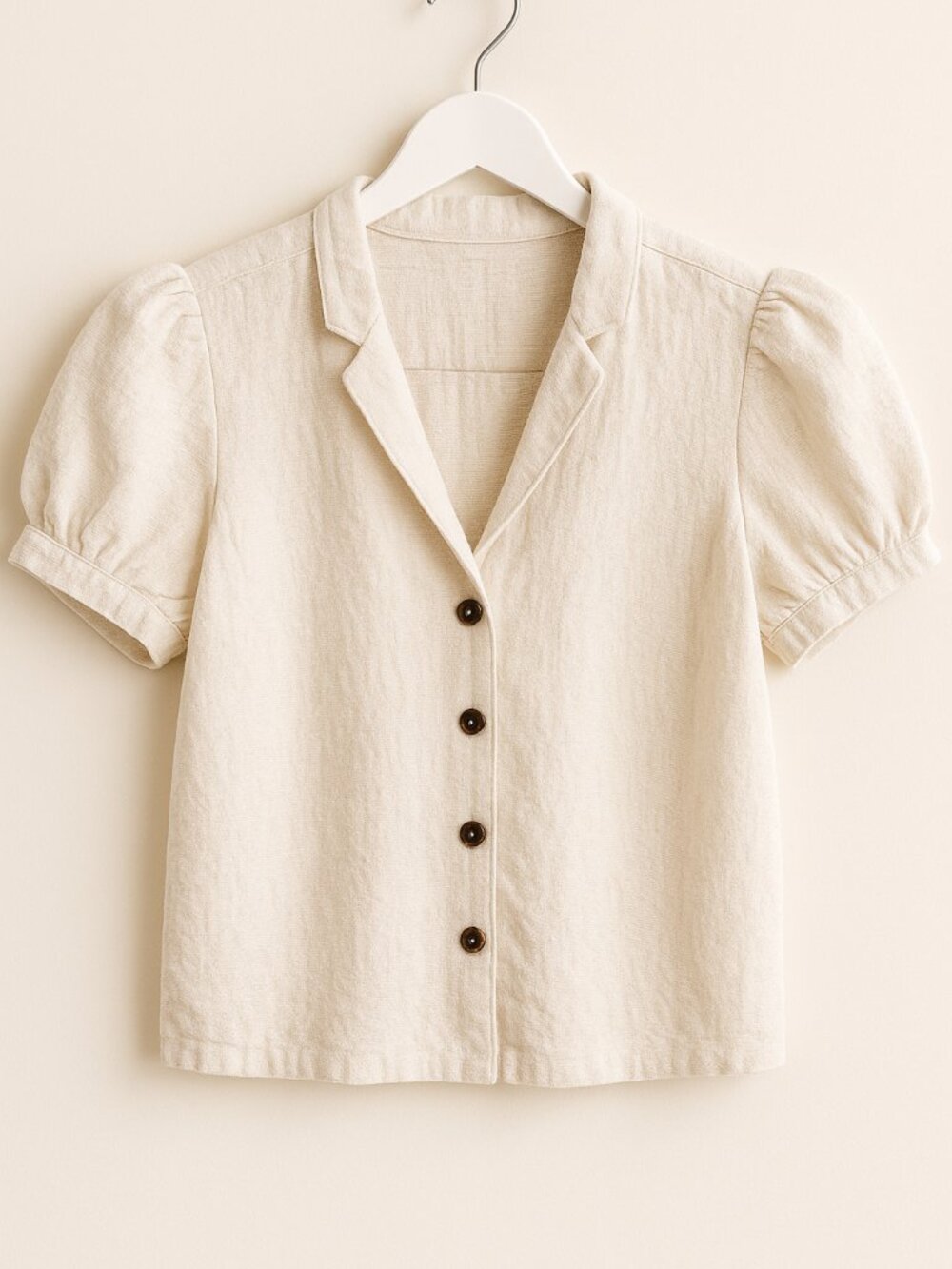 Cream Linen Blend Puff Sleeve Button Blouse | Cottagecore | Size M
